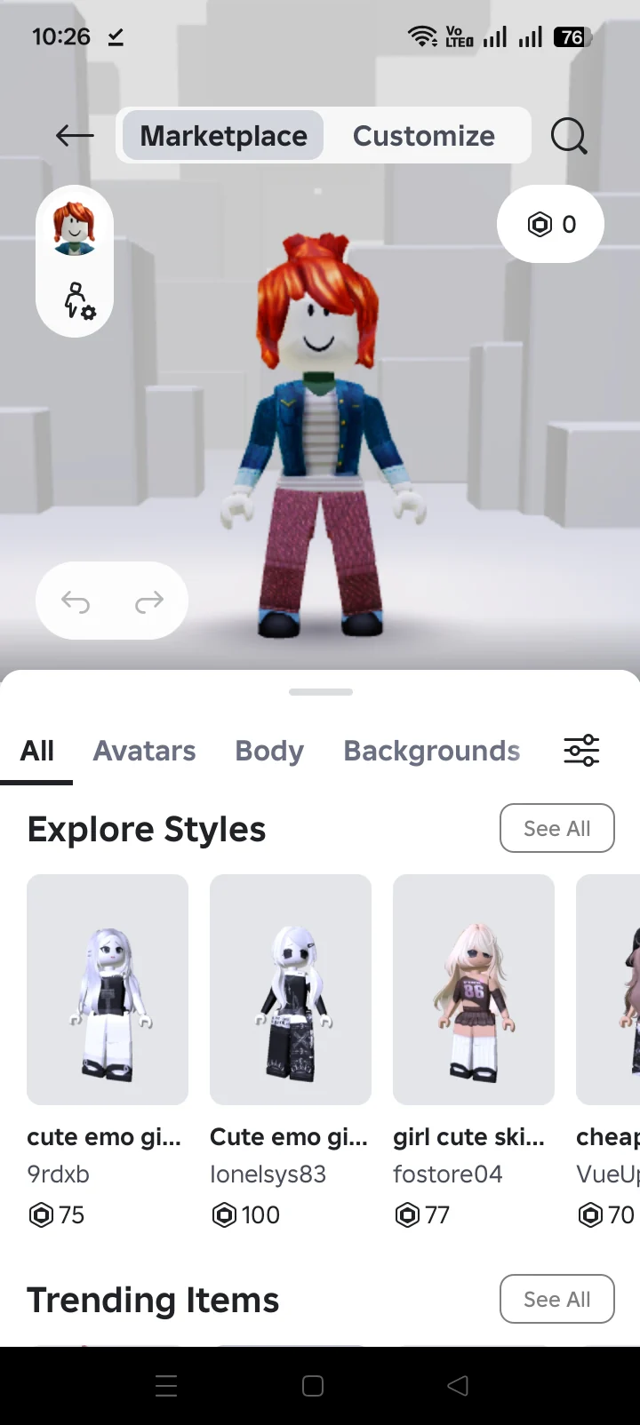Roblox avatar marketplace screen illustrating purchases and account value