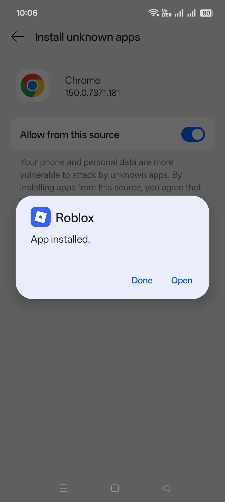 Android installation dialog confirming that the Roblox app was installed