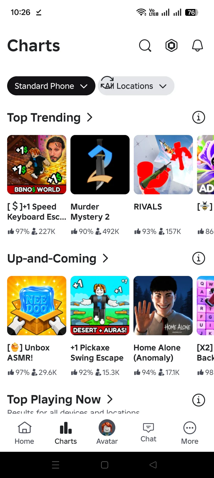 Roblox Charts screen representing ordinary experiences outside Roblox Studio
