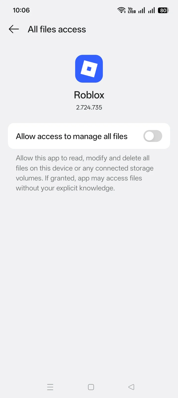 Android All files access permission screen used to review application access