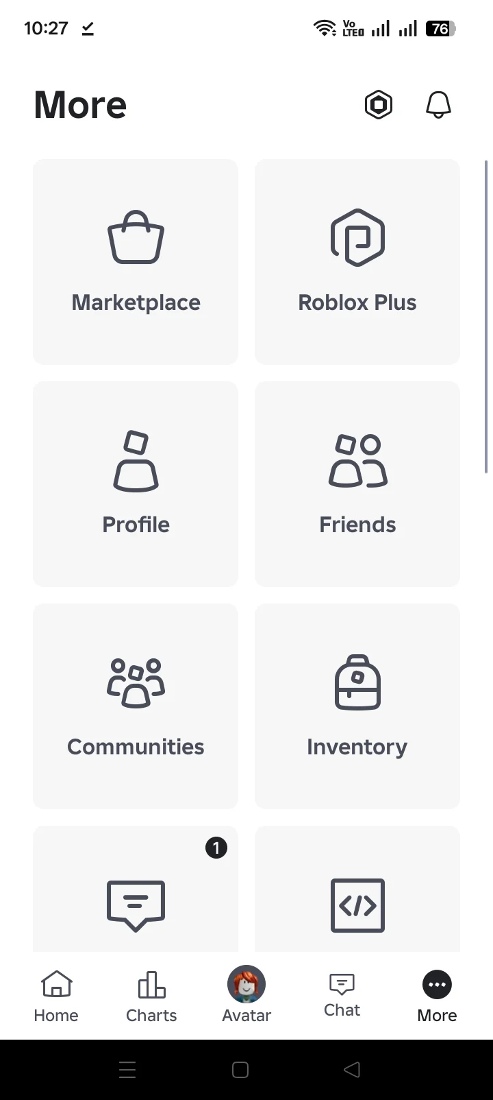 Roblox mobile More menu shown as an example of an in-app interface
