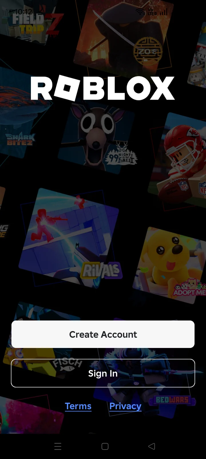 Roblox mobile login screen used for a separate test account