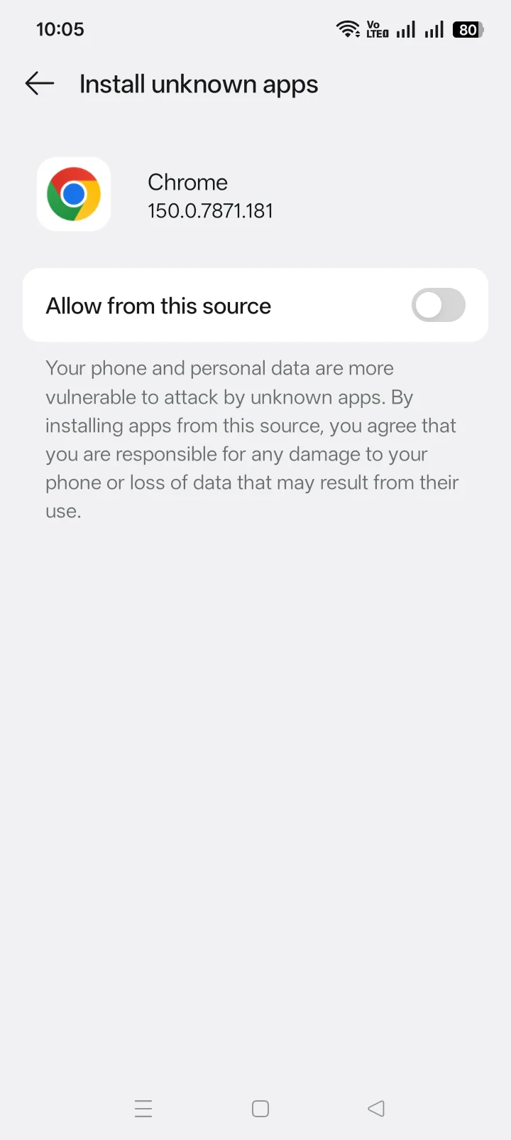 Android Install unknown apps settings page for Chrome