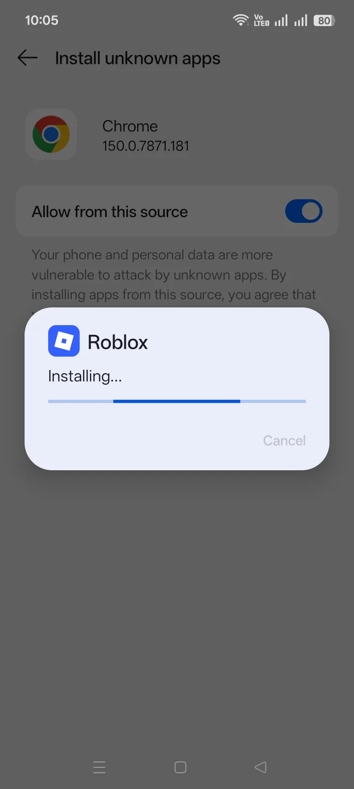 Android app installation progress screen for Roblox